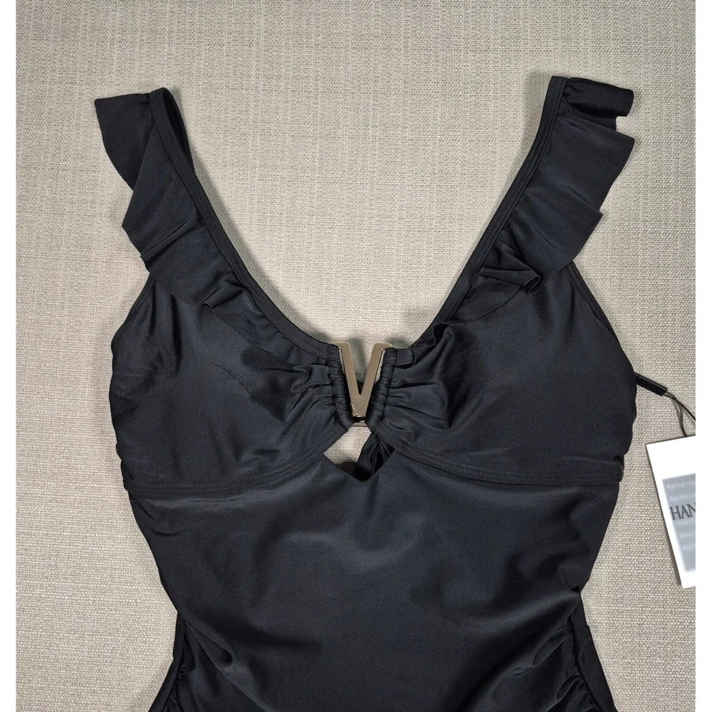 Hanna Nikole Black One Piece Swimsuit Ruffle V-Neck Tummy‎ Control Size L NWT